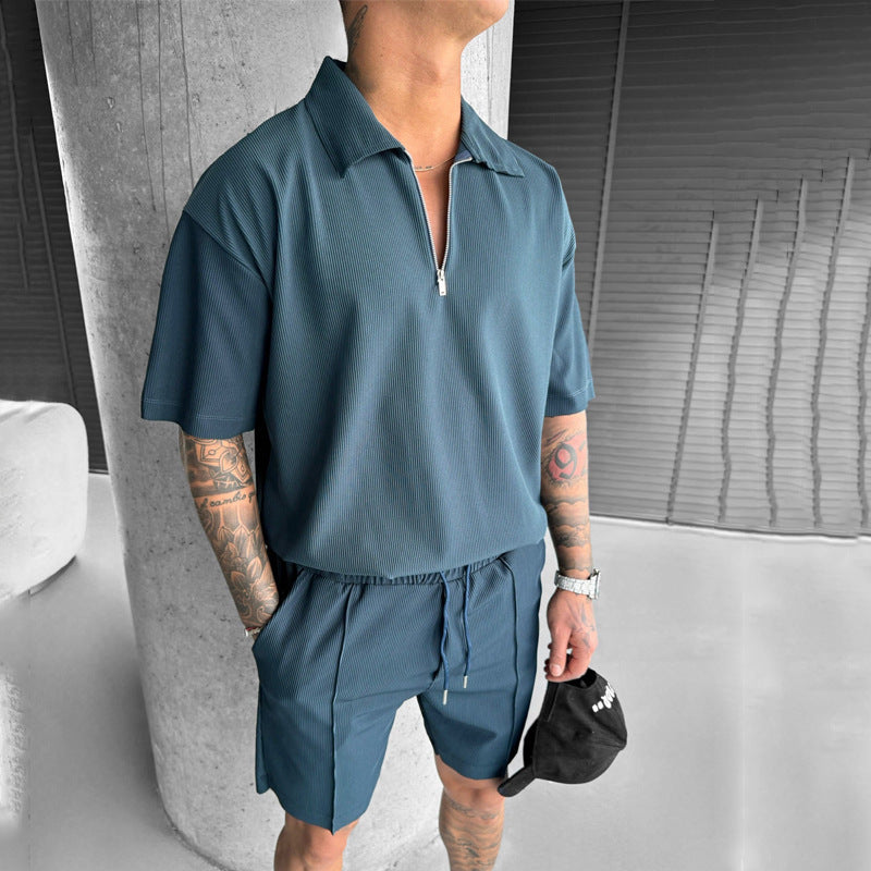 Summer Fashion Mens Clothing  Men's Suits New Zipper Polo Casual Short Sleeve Drawstring Shorts Men's Set