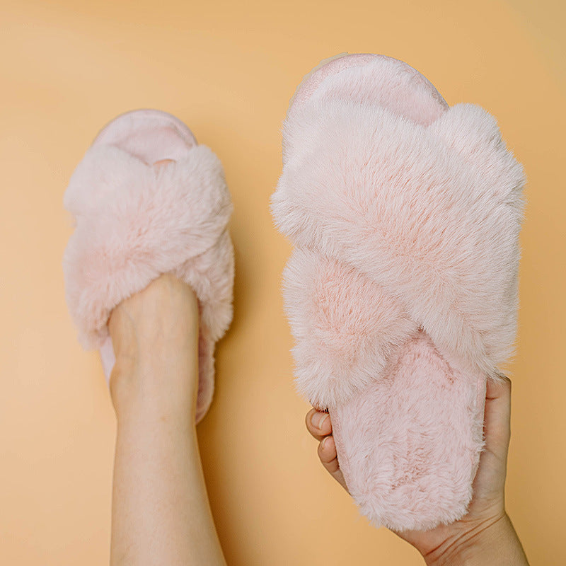 Women Fashion Warm Fluffy Slippers Cozy Faux Fur Cross Indoor Floor Slides Flat Soft Furry Ladies Female Celebrities Flip Flops