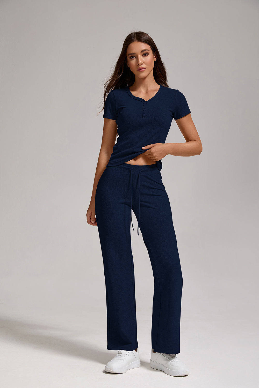 Women's Casual Sports Two-piece Set With V-neck Button, Short Sleeved, Low Waisted Flared Pants, Sportswear