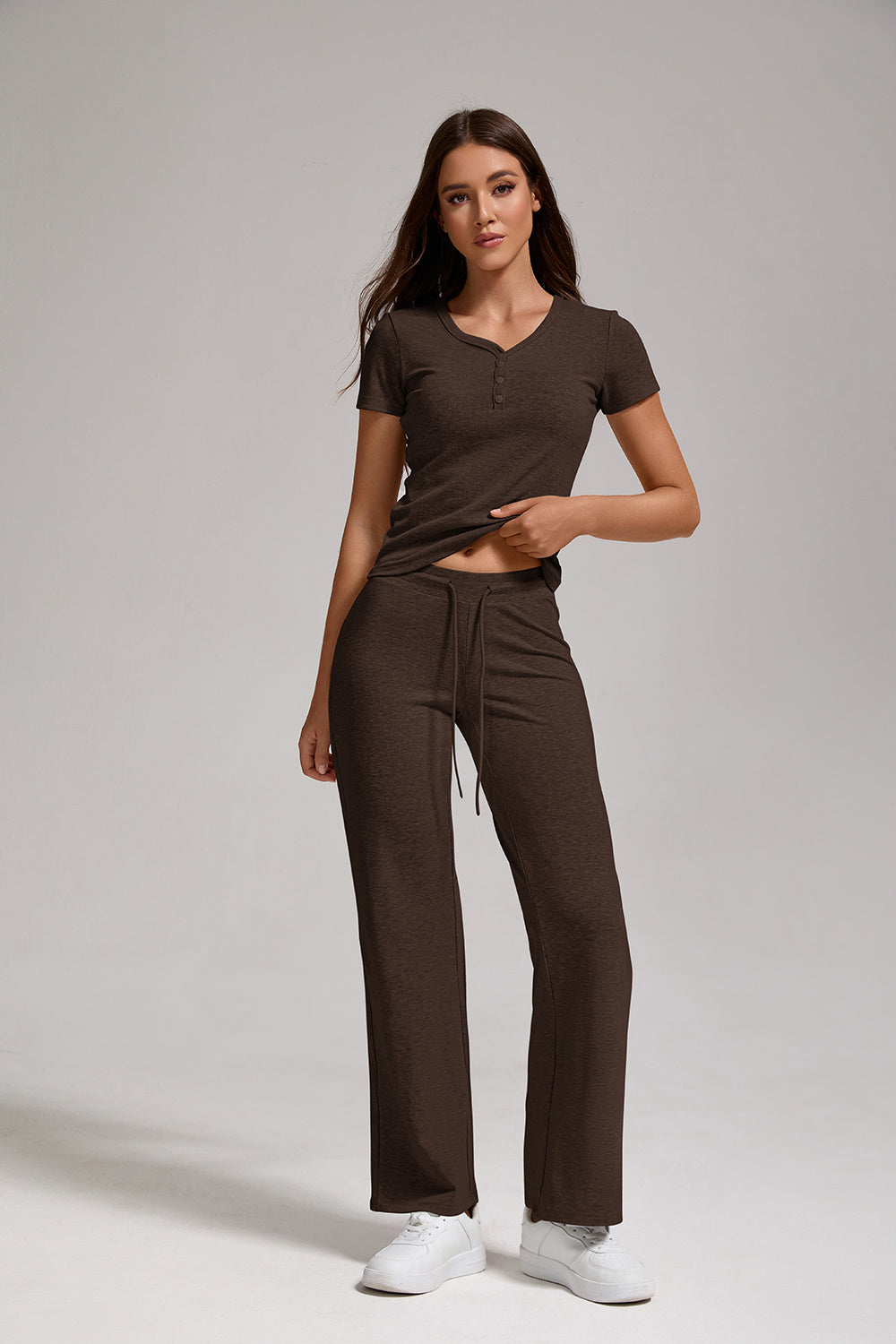 Women's Casual Sports Two-piece Set With V-neck Button, Short Sleeved, Low Waisted Flared Pants, Sportswear